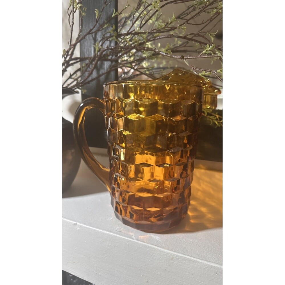 Vintage Indiana Glass Whitehall Pattern Amber Glass Cubist Ice Lip Pitcher